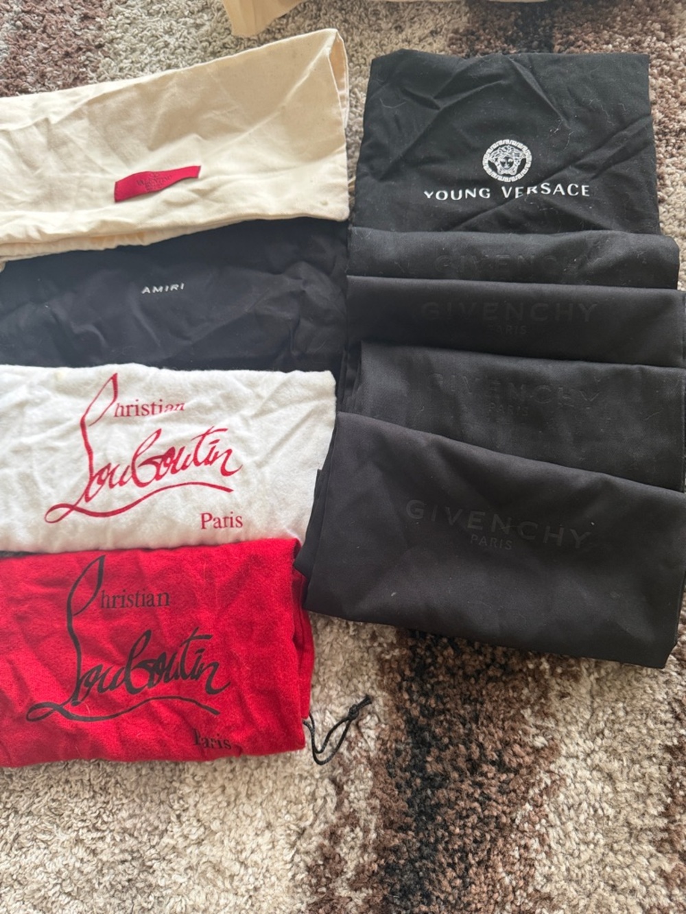 Designer Dust Bag Lot - Christian Louboutin, Givenchy, Versace, Amiri, Dolce, Ch
